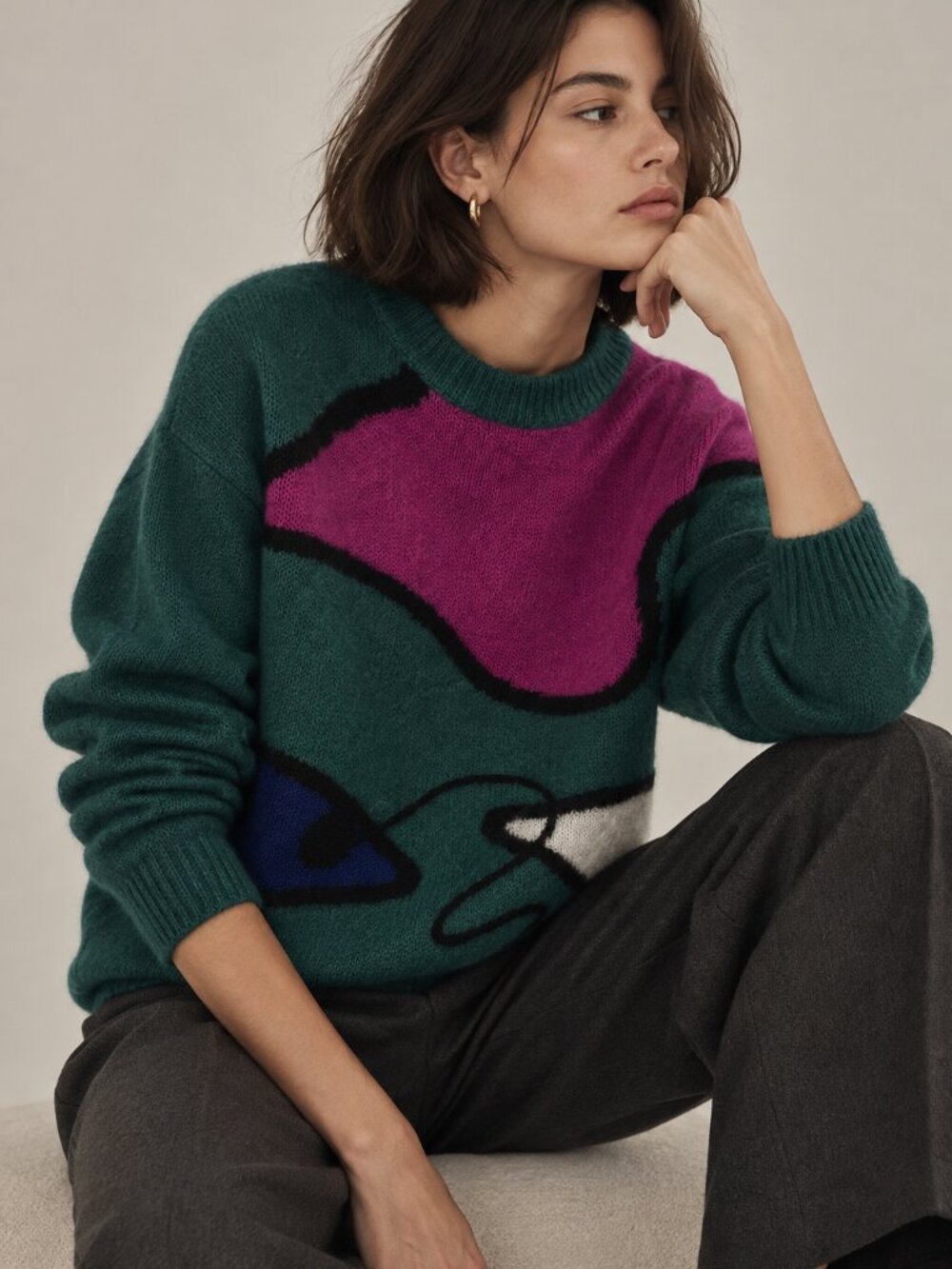 VINTAGE | Mohair Pink, Green & White Crewneck Sweater  Pit to Pit: 24 inches